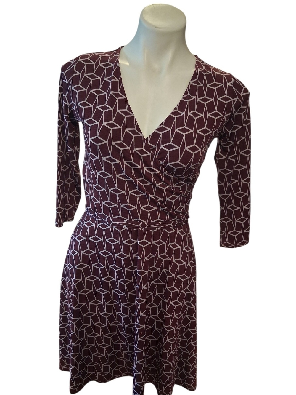 Women's Burgundy Geometric Faux  Wrap Dress